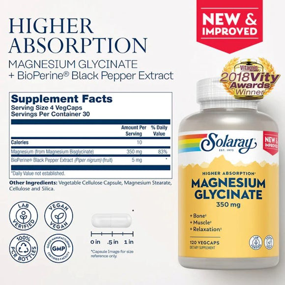 Solaray Magnesium Glycinate 120 Capsules|Lowcostvitamin.com|Recovery
