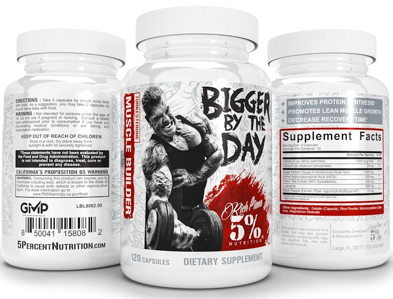 5% Nutrition Bigger By The Day Muscle Builder With Turkesterone bottles