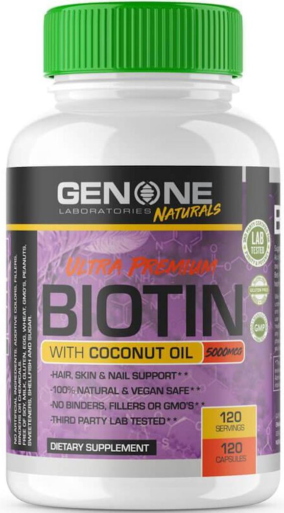 Genone Labs Ultra Premium Biotin with Coconut OIL 120 caps|Lowcostvitamin.com|Hair Vitamins